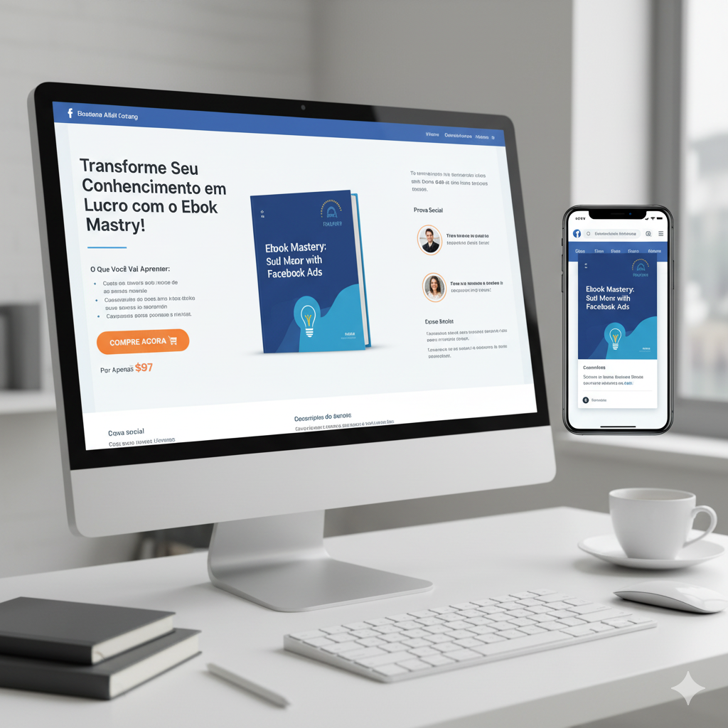 Página de vendas de ebook otimizada para alta conversão exibida em monitor de computador e celular, com design limpo e botão 'Compre Agora'