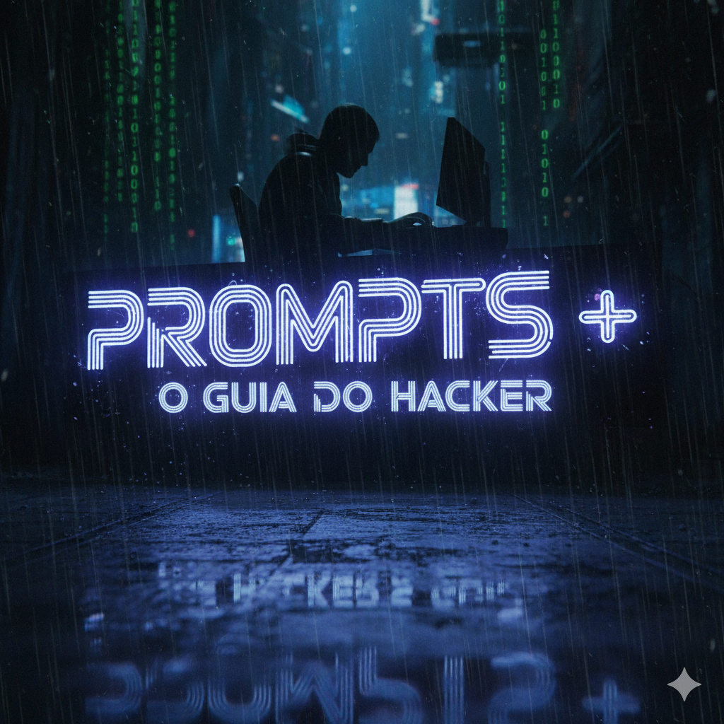 Ilustração estilo hacker com letreiro em neon escrito 'PROMPTS: O Guia do Hacker', simbolizando o guia sobre como criar prompt no Gemini de forma avançada.