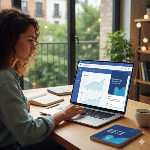 alt="Mulher usando laptop para gerenciar anúncios do Facebook Ads e vender ebook, com capa de ebook visível na mesa."