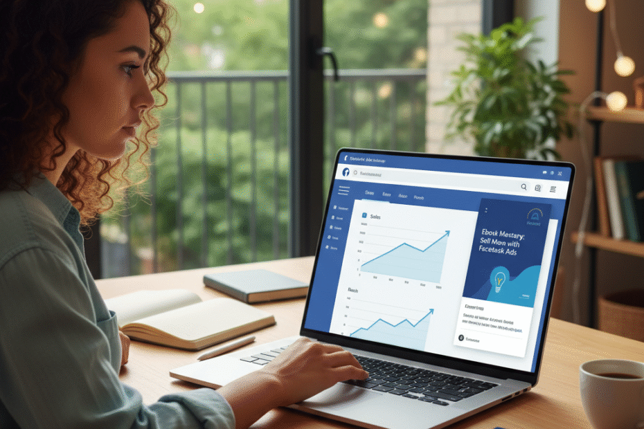alt="Mulher usando laptop para gerenciar anúncios do Facebook Ads e vender ebook, com capa de ebook visível na mesa."